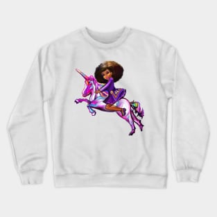 Afro hair Princess anime girl on a unicorn pony, lit up- black girl with curly afro hair on a horse Crewneck Sweatshirt